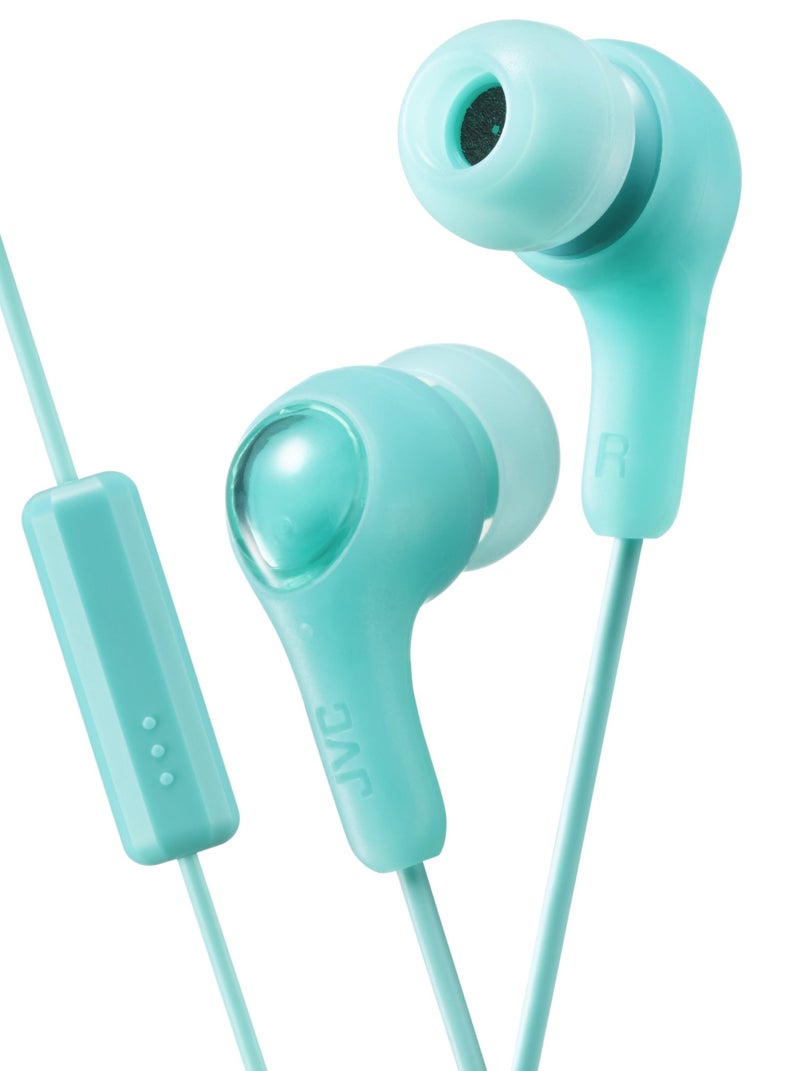 JVC GREEN GUMY In ear earbuds with stay fit ear tips and MIC. Wired 3.3ft colored cord cable with headphone jack. Small, medium, and large ear tip earpieces included. JVC GUMY HAFX7MG - Image 1